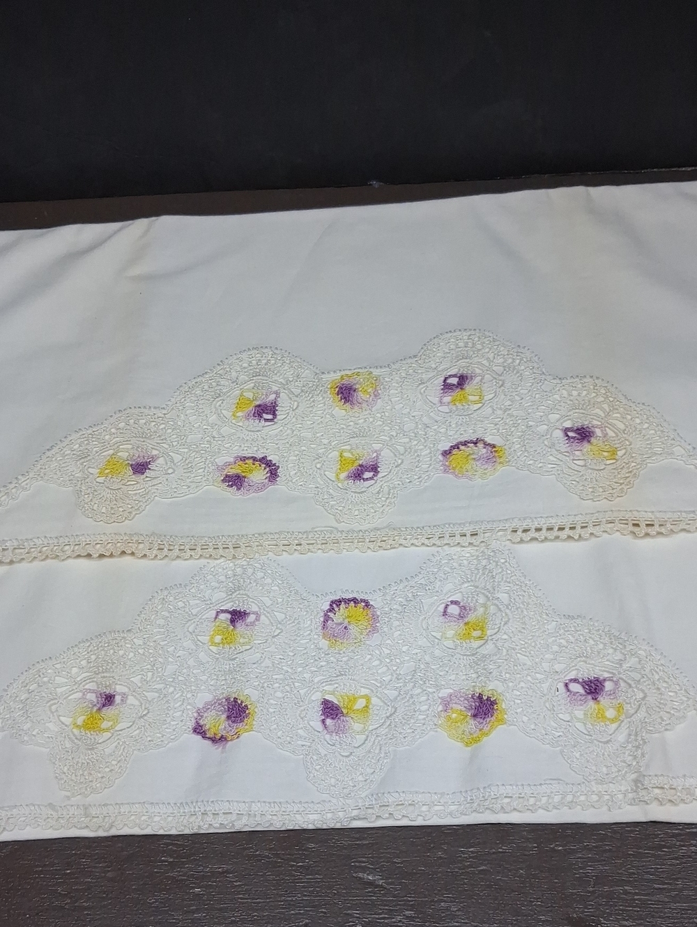 Vtg. Pillowcases Tatted purple & yellow flowers & white lace cottage core estate